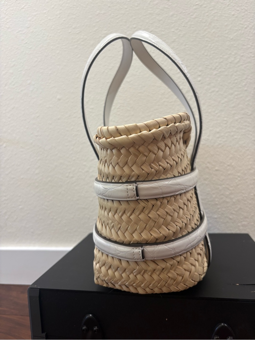 Tory Burch Ella Straw Basket Tote White Croc Embossed Trim + Dust Bag. NWT - Picture 11 of 15